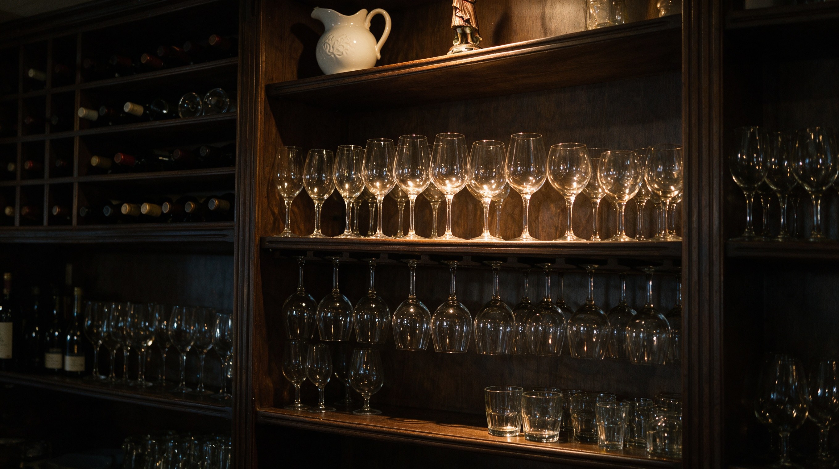 Estantería de madera con botellas de vino y filas de copas con luz tenue