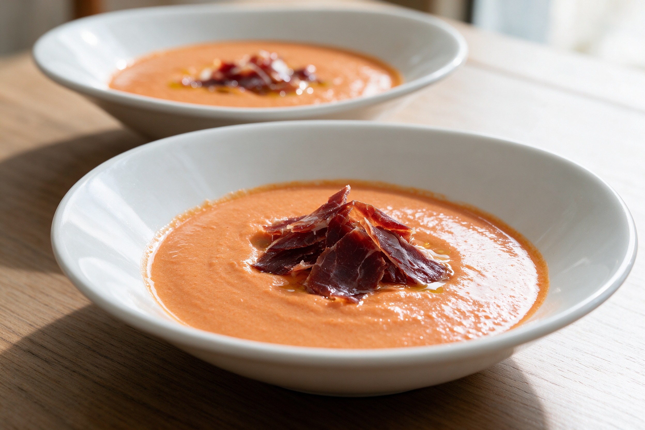 Dos cuencos de salmorejo cordobés naranja con jamón ibérico en mesa de madera