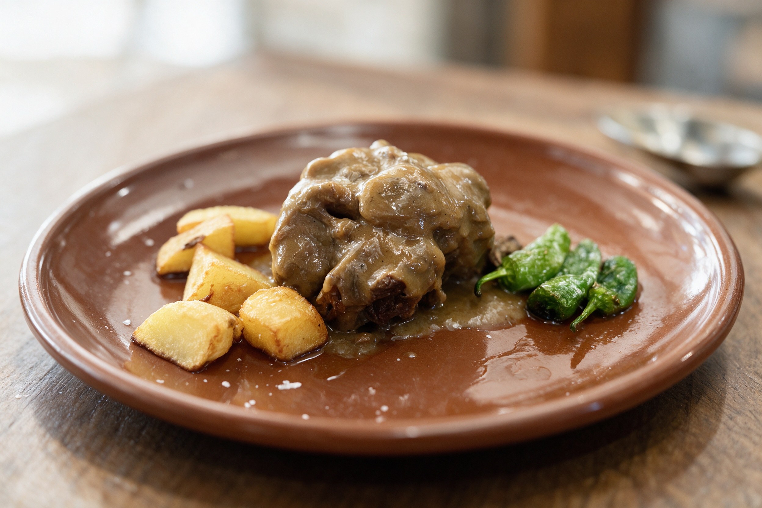 Carrillada de ternera en salsa con patatas y pimientos verdes en plato de terracota