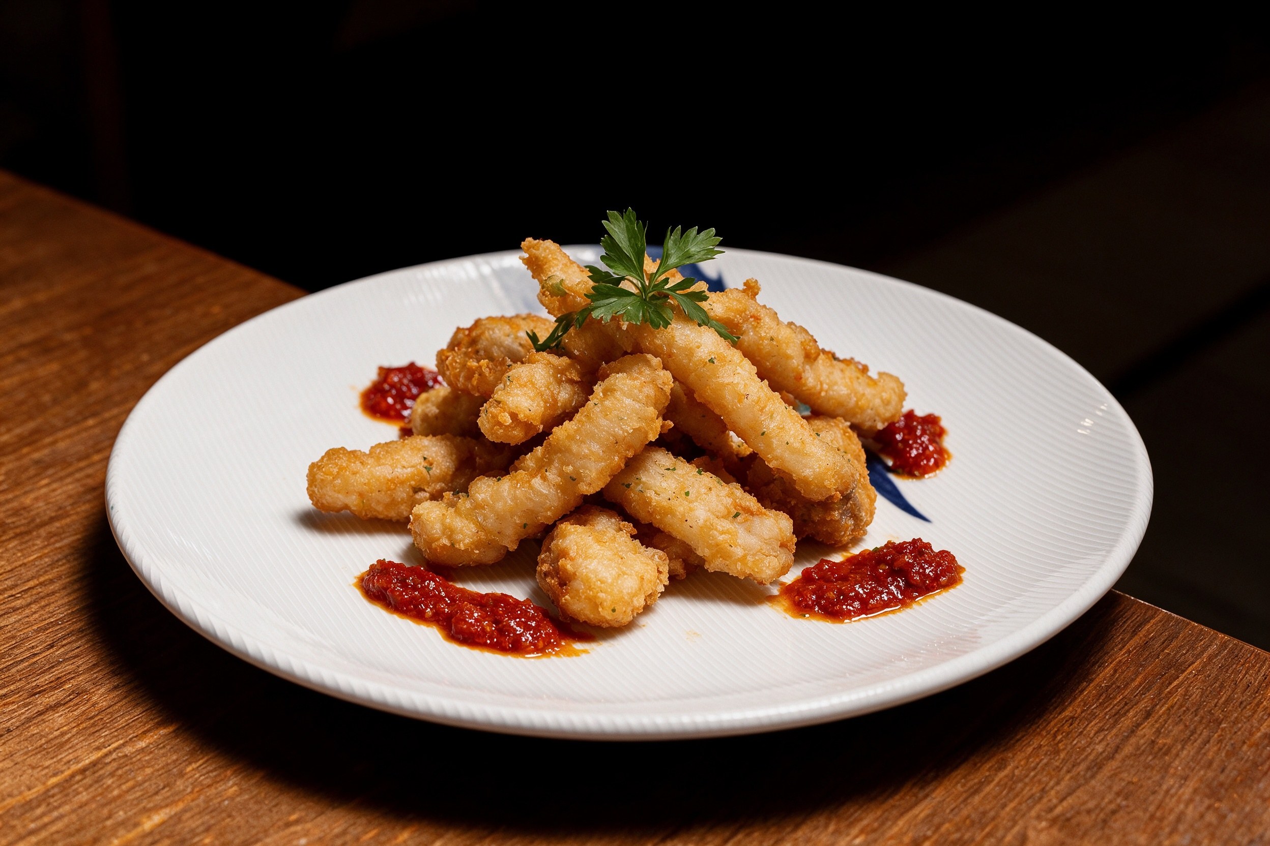 Chipirones fritos dorados con salsa roja de pimiento en plato blanco
